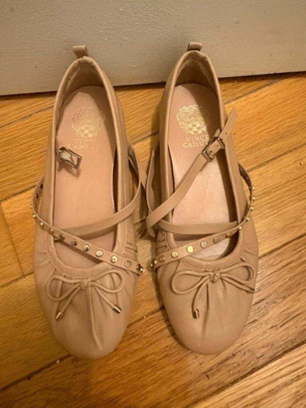 Vince Camuto Nude Ballet Flats With Straps & Silver Studs, Sz 9